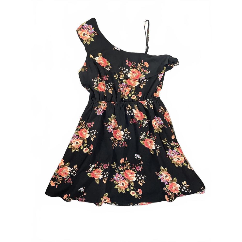 monteau Black Floral One Shoulder Dress Women's Size Large Ruffle Sleeve Cottage